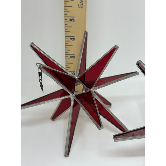 Set of 2 Red Moravian Star Ornaments – 3D Stained Glass Hanging Stars 5"x4.5" - Picture 3 of 10